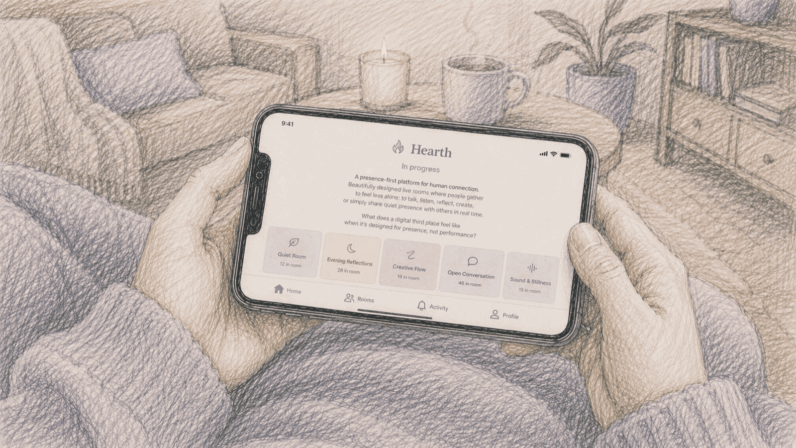 Two hands cradling a warm-glowing device — a quiet object of presence