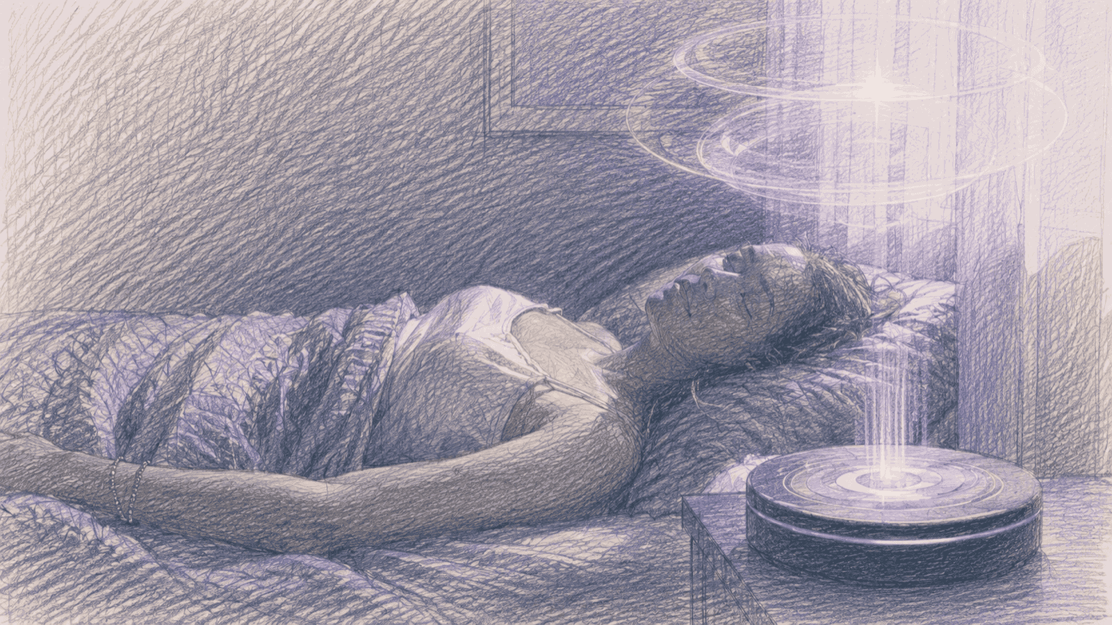 A sleeping person beneath a holographic memory device