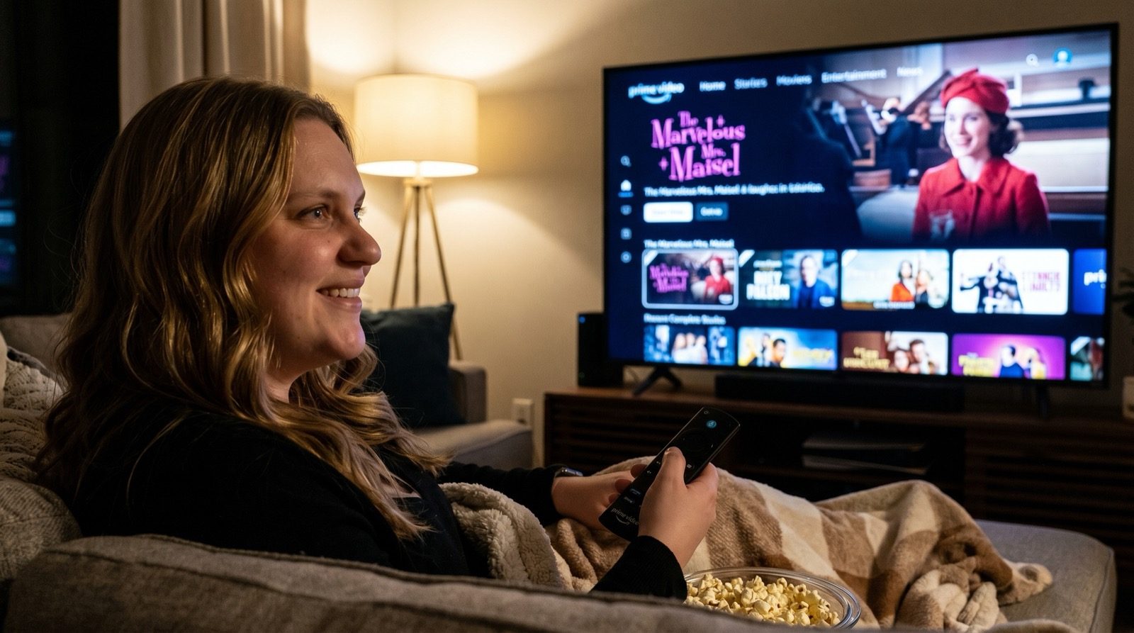 Watching Prime Video on the couch — Marvelous Mrs. Maisel home screen