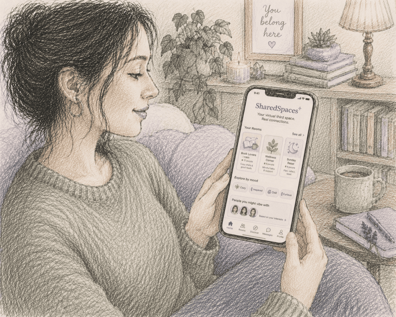 A woman relaxing on a couch holds a phone showing the Shared Spaces app, in a cozy room with plants, books, and warm light